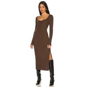PAIGE Benita Chocolate Brown Y2K Long Sleeve Midi Sweater Dress Ribbed XL NWT